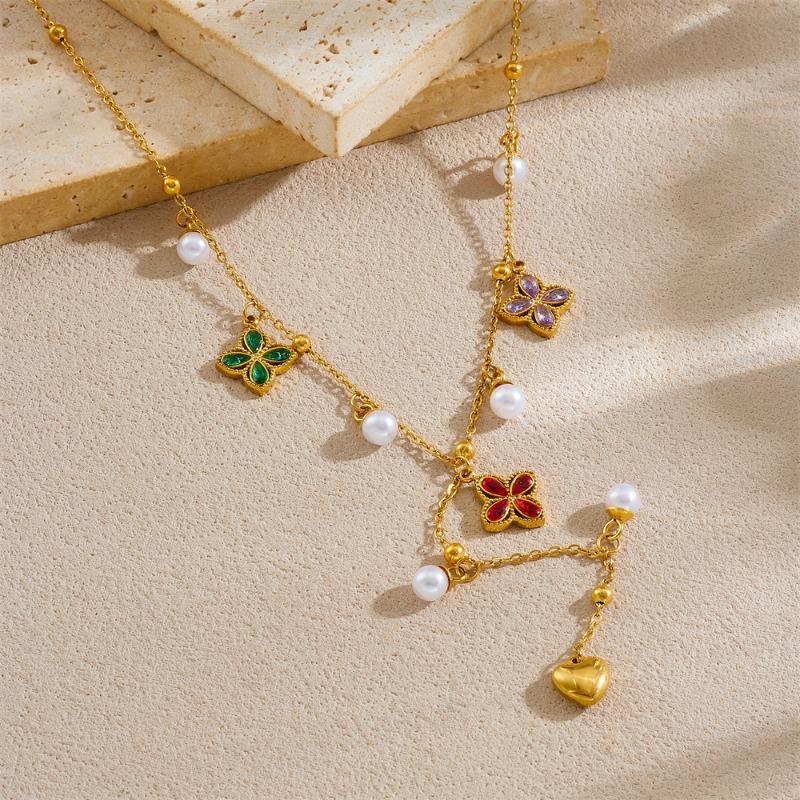 18K Gold Plated Four Leaf Clover Pearl Y-Drop Necklace, Dainty Colorful Zircon Station Choker for Women, Trendy Jewelry