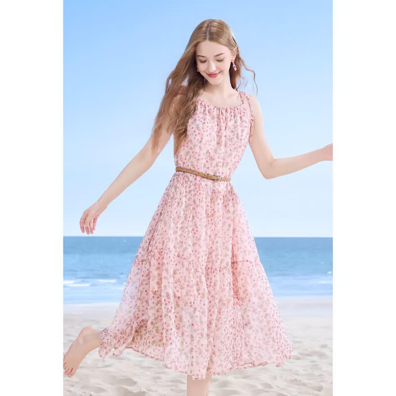 Women's Sweet Floral Pink Chiffon Spaghetti Strap Dress