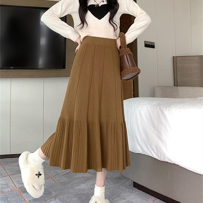 Women's Autumn/Winter 2025 High Waist Knitted Pleated Midi Skirt - Petite A-line Slimming Design