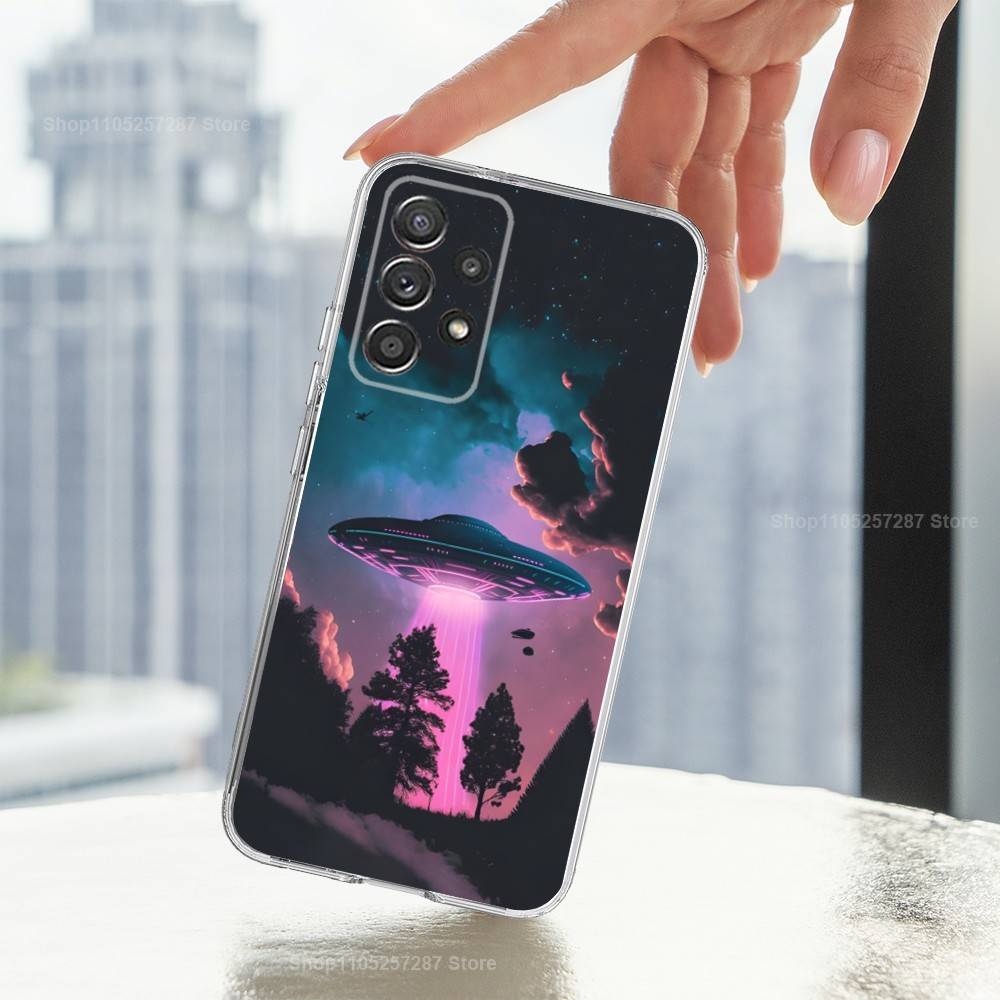 Singular Space UFO Alien Phone Case For Samsung A51,71,30,S21,10,20,Ultra,FE,Lite, S22,23,9,PIus,Transparent, Silicone