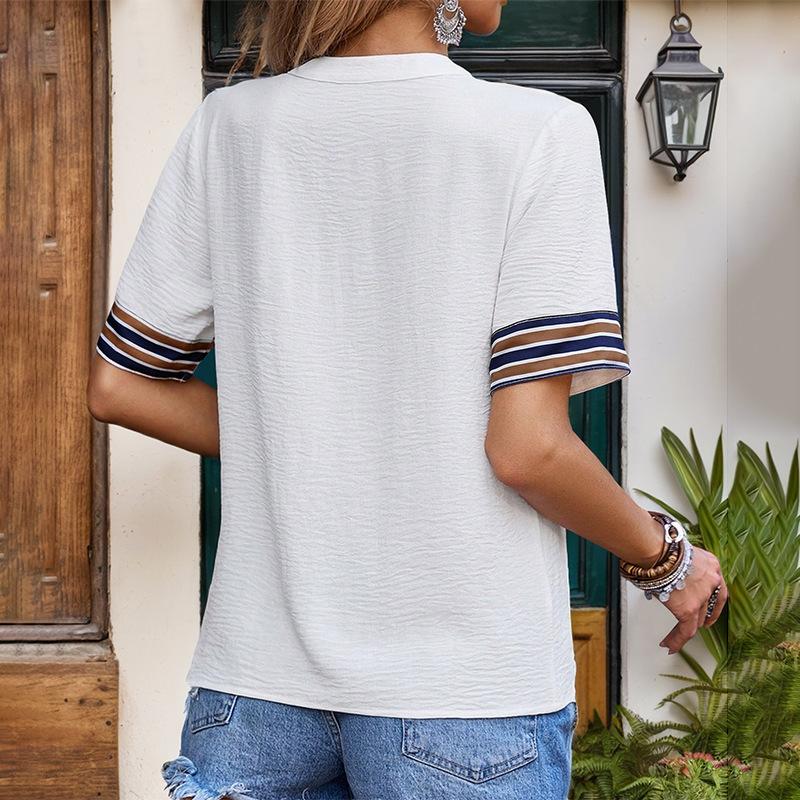 YYFS Kadın Modası Rahat Yaz Bahar Çizgili Baskılı Kısa Kollu V Yaka Bluzlar ve Gömlekler