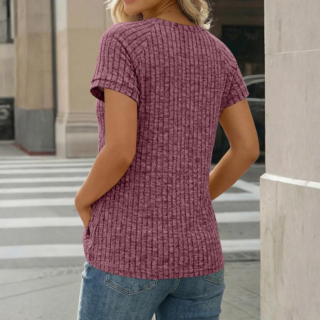 Women’s Ribbed Crew Neck Short Sleeve Top with Raglan Button Knit Pullover Casual Blouse for Everyday Wear