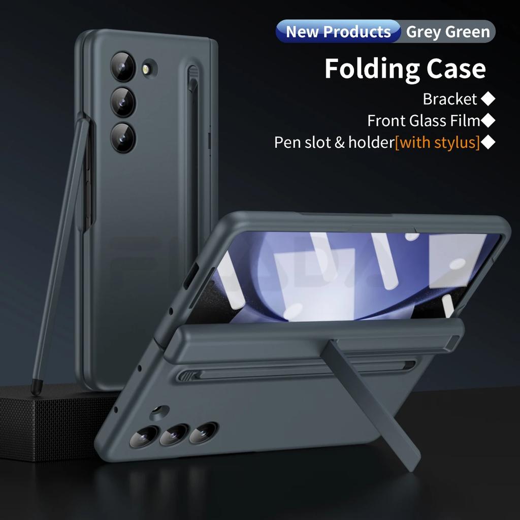 Skin Feel Matte for Samsung Galaxy Z Fold 6 5 4 3 Case with Tempered Film Pen Slot Capacitor Pen Folding Hinge Bracket Cover
