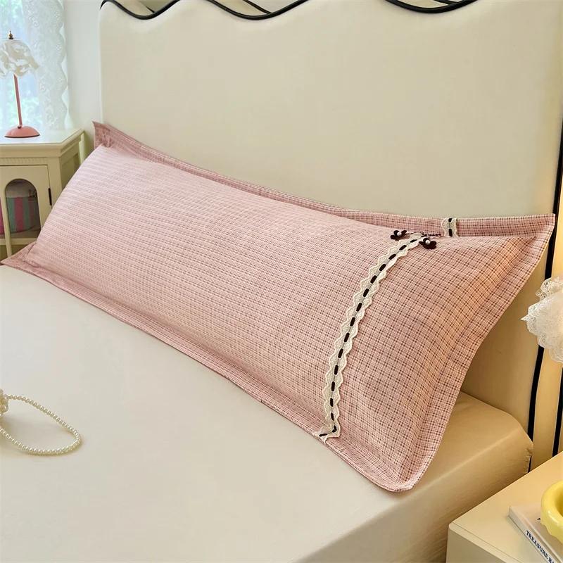 Romantic Bedding Pillowcase 1.2/1.5/1.8 Meters Long Lace Pillows Case Grid Print Bedding for Lovers Wedding Pillows