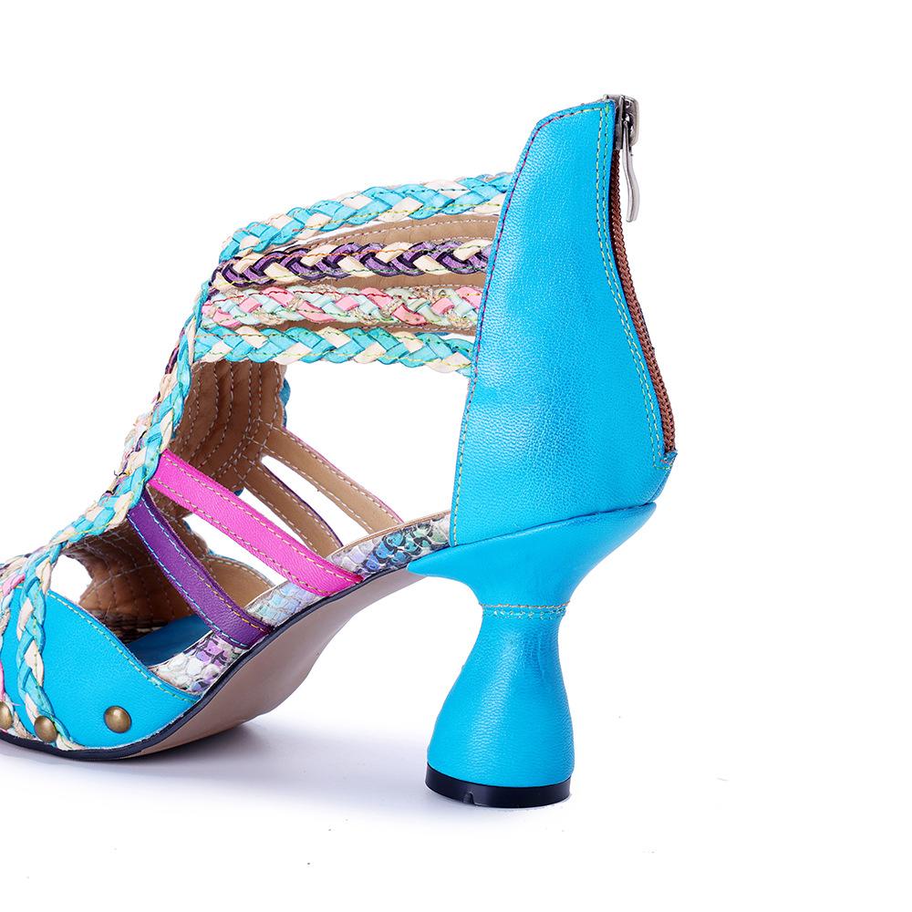 Johnature Ręcznie robione sandały damskie na wysokim obcasie z prawdziwej skóry, plecione, w stylu bohemy, ażurowe