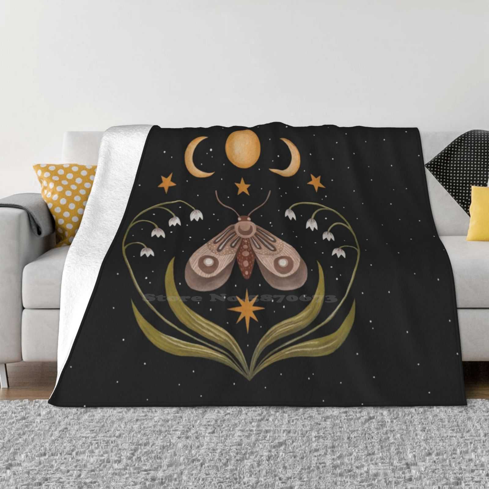 Under The Three Moons Blanket Soft Warm Travel Portable Blanket Gouache Moth Butterfly Insects Nocturnal Night Dark Black 30x40in