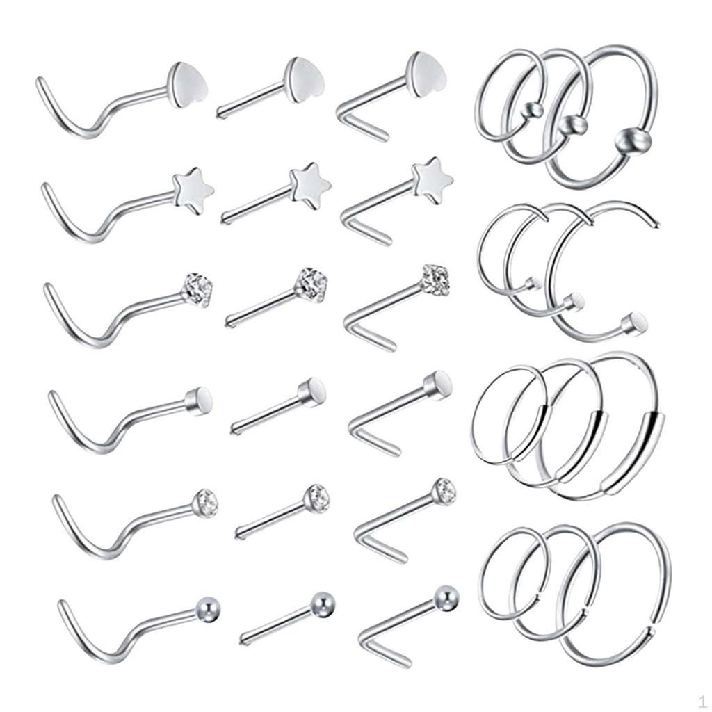 20g Stainless Steel Nose Rings Hoop Studs for Women Men 30Pcs