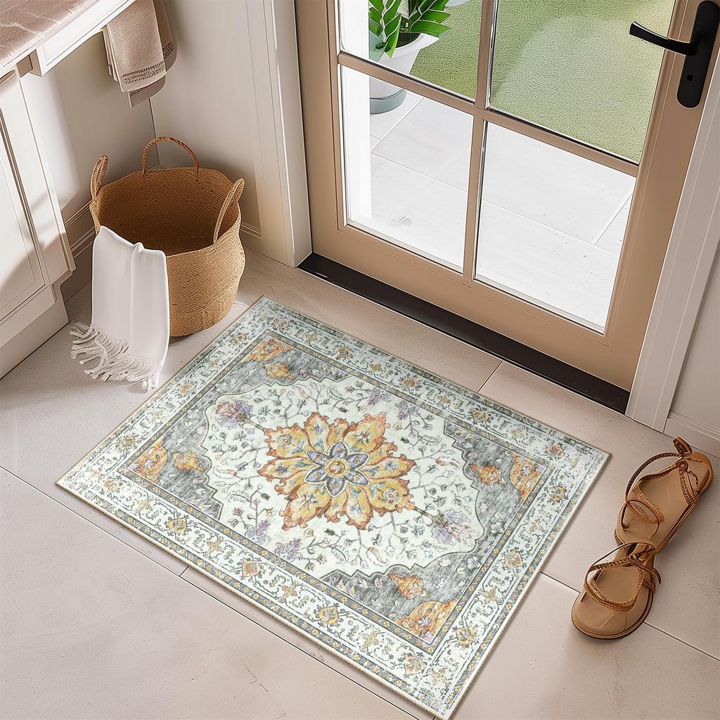 Tappeto Bohémien Vintage con Stampa Floreale, Tappetino Antiscivolo Orientale Consumato Verde Beige per Soggiorno Camera da Letto Arredamento Casa Tappeto