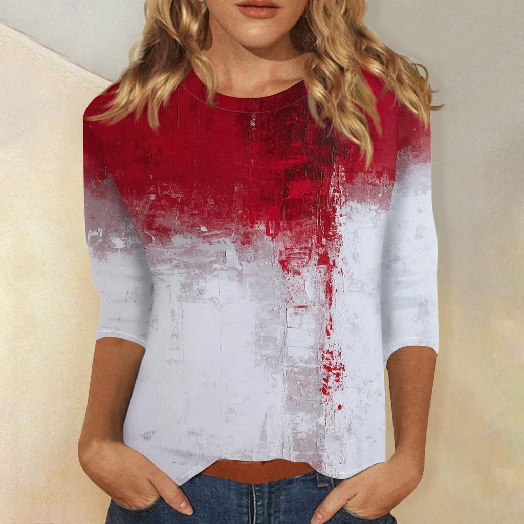 Women's Fashion Casual Round Neck 3/4 Sleeve Loose  Printed T-Shirt Ladies Top