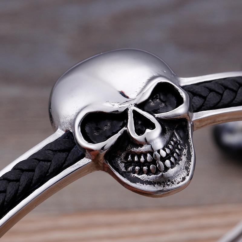 Brățară gotică cu cap de craniu cu manșetă deschisă pentru bărbați Brățară pentru bărbați din oțel inoxidabil solid brățări din piele împletită bijuterii
