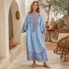 Abito Lungo Boho Casual da Donna, Estivo Lungo Bohémien con Stampa Ricamata, Manica 3/4 Scollo a V Svasato, Abiti da Vacanza con Tasche