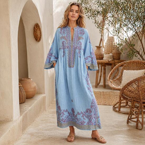 Abito Lungo Boho Casual da Donna, Estivo Lungo Bohémien con Stampa Ricamata, Manica 3/4 Scollo a V Svasato, Abiti da Vacanza con Tasche