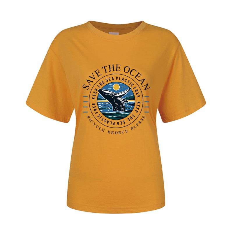 Spring Summer Whale Swimming Letter Pattern Printed Loose Fitting Cotton Short Sleeved Round Neck T-Shirts Women’s