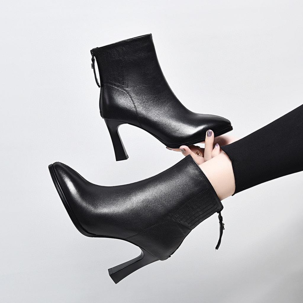 Pointed high-heeled women's boots autumn and winter new ankle boots first layer cowhide rear zipper leather boots women's fashion boots
