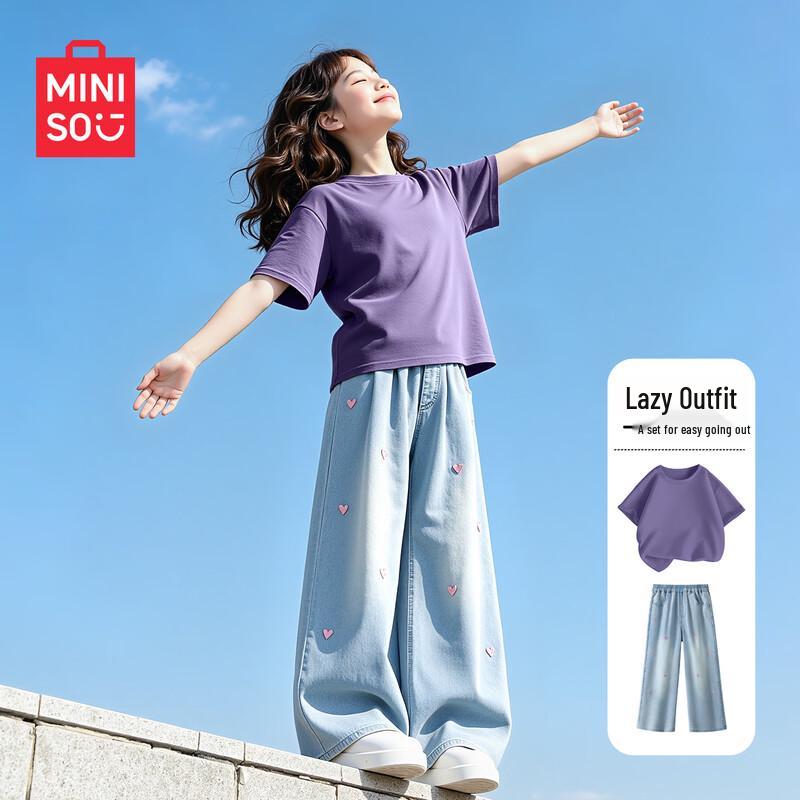 MINISO Girls Summer Short-Sleeve Top & Denim Shorts Set 120