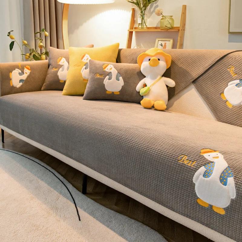 

Роскошный чехол для дивана с мультяшной уткой для гостиной, нескользящий однотонный, толстый, мягкий диван, подушка, коврик, кукурузное плюшевое полотенце для дивана, домашний декор для дивана 70x70cm 1pcs