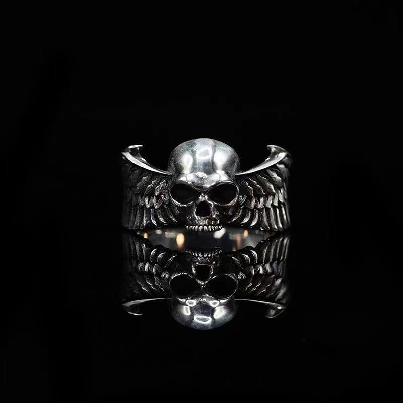 New Retro Skull Ring for Men, Trendy, Punk Style, Hip-hop, Wings, Skull Open Ring
