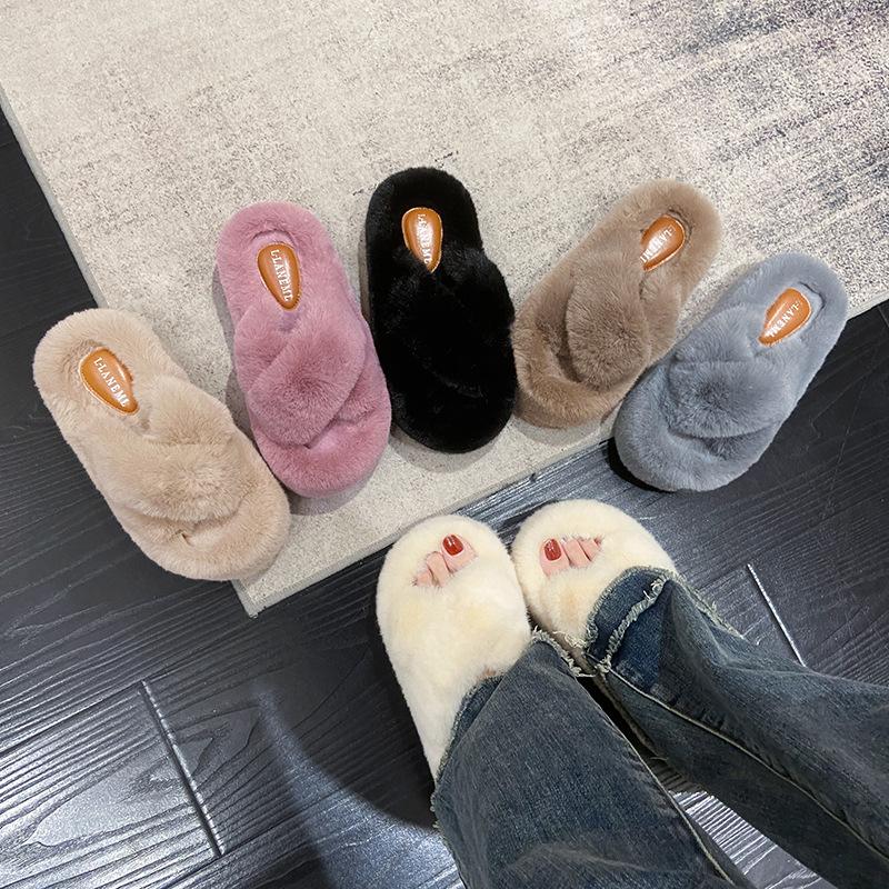 7Cm cross hairy slippers women's 2025 autumn and winter new thick-bottomed warm word lazy thickened cotton slippers women