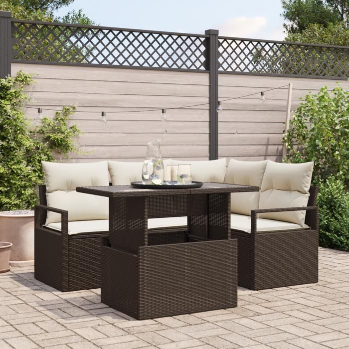 Ensemble de canapé de jardin 5 pièces en poly rattan marron, Canapé de jardin 2 places en poly rattan marron 3348814