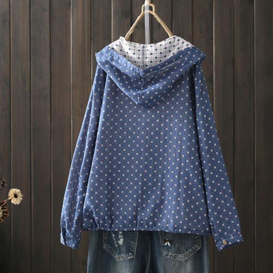 Women Spring Autumn Coat Hooded Drawstring Hem Long Sleeve Printing Loose Zipper Closure Jacket with Pockets Daily Wear Commuting Outerwear