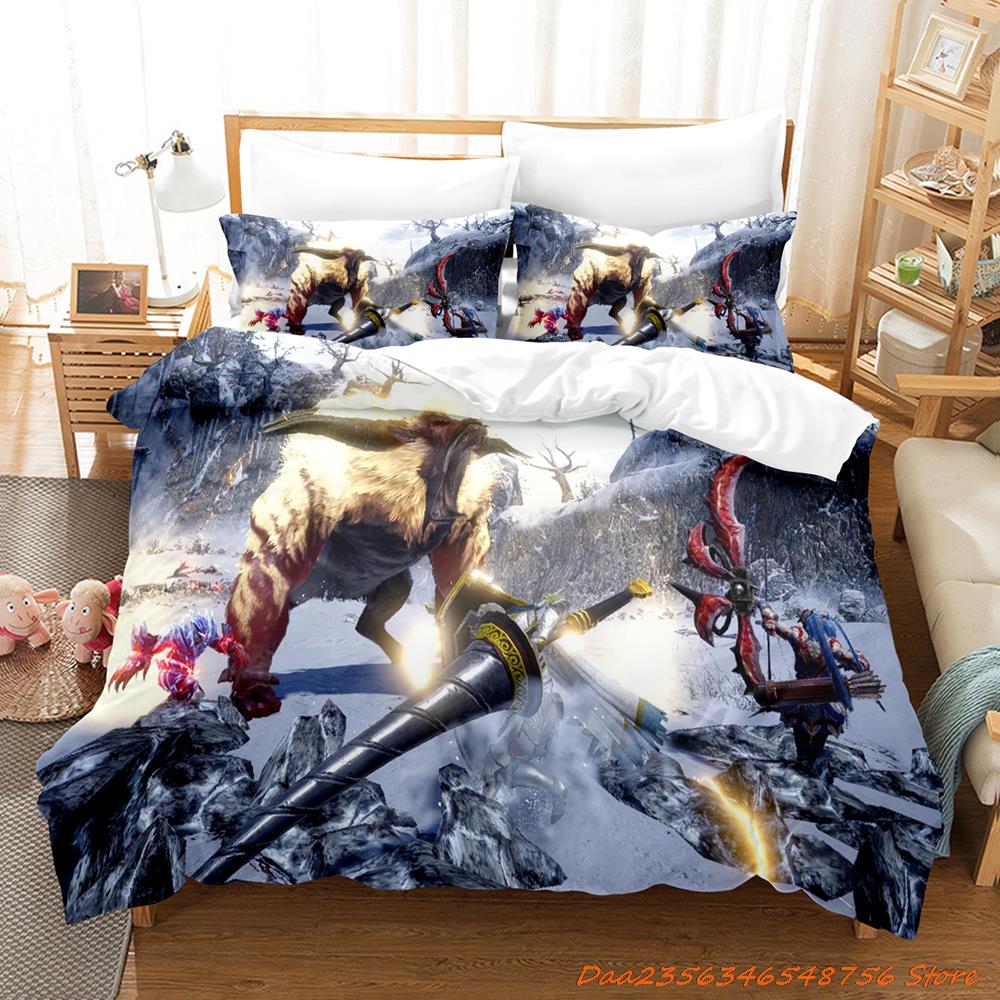 Comforter Personelity Monster Hunter Rise Bedding Set Cartoon Anime Three-Piece Set Adult Kid Bedroom Three-Piece Suits 3D Game Monst