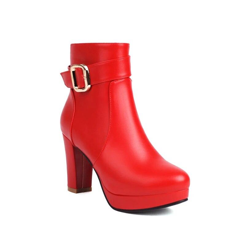 

ANNYMOLI Жіночі ботильйони з круглим носком на платформі, товсті високі підбори, пряжка, блискавка, короткі черевики, жіноче модне зимове взуття, коричневий, червоний 46 39 червоний