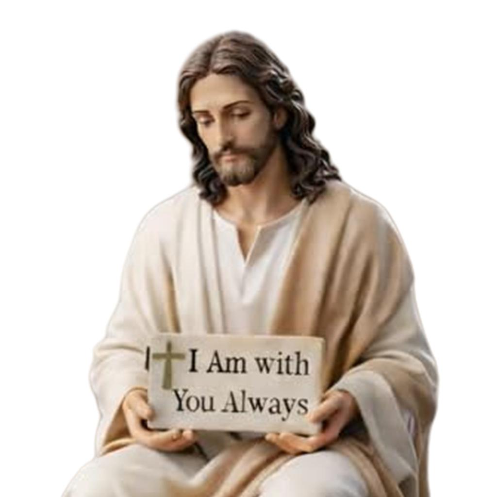 Figurine de Jésus en Résine Figurine en Résine Faite à la Main Design Assis Je Suis Toujours avec Vous Panneau Statue de Jésus-Christ Compagnon de Bureau Décoration de Maison