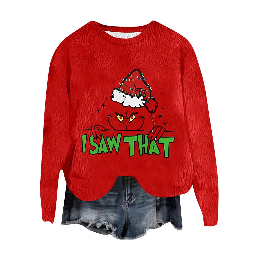 Women's Fashion Round Neck Pullover Top Long Sleeve Tee Christmas Printed Sweatshirt