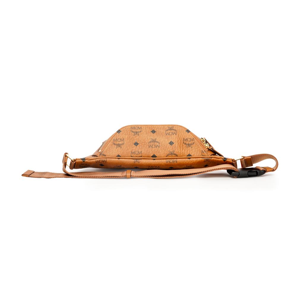 MCM Cognac Visetos Monogram Leather Belt Bag with Adjustable Strap & Gold Hardware for Daily & Street Style Use