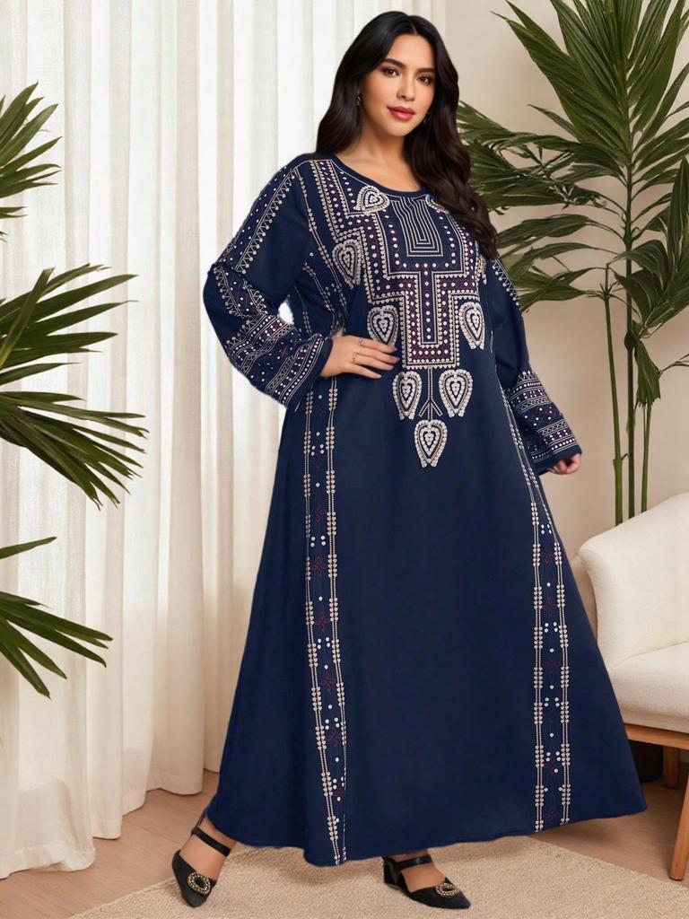 Middle Eastern Ethnic Style Navy Blue Plus Size Long Dress with Long Sleeves