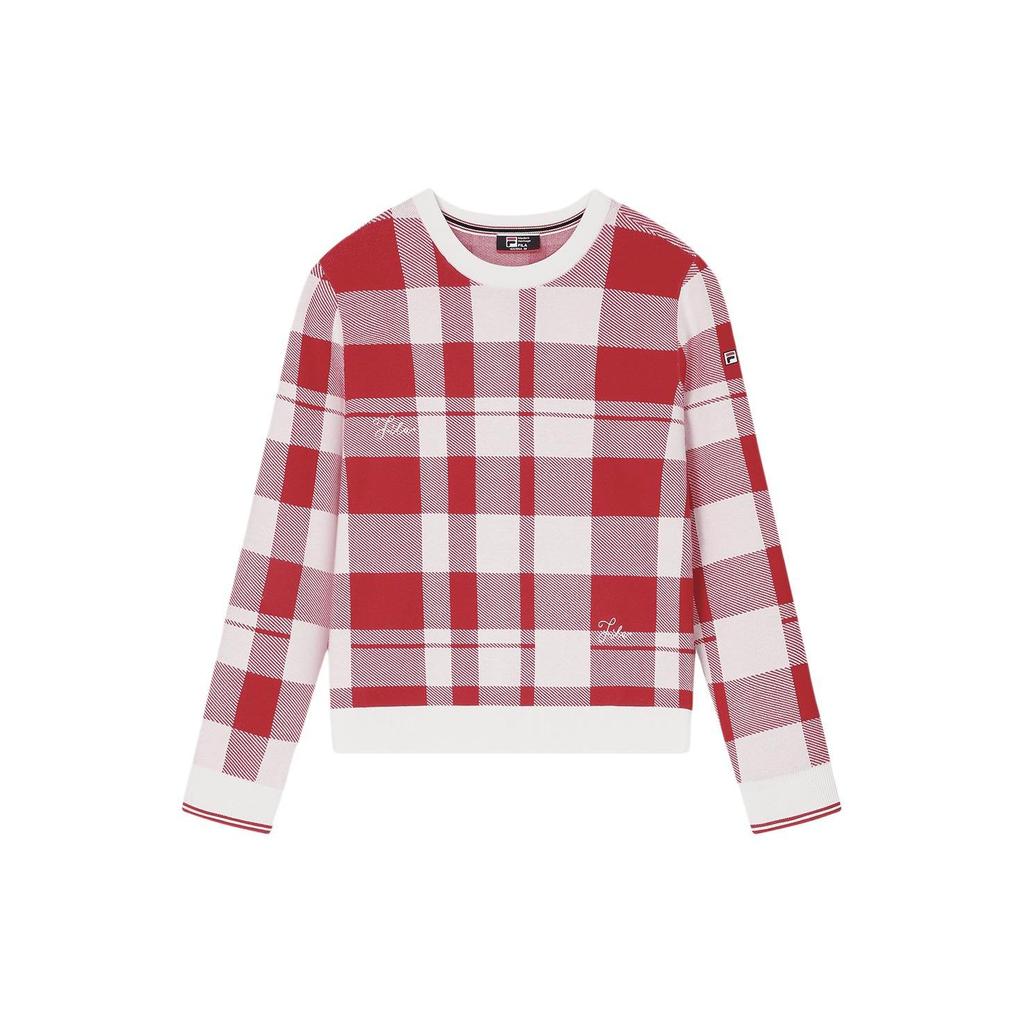 FILA Fleece Plaid Round Neck Casual Pullover Long Sleeve Knit Sweater Women sweater Light-Raspberry F11W411412F-RD