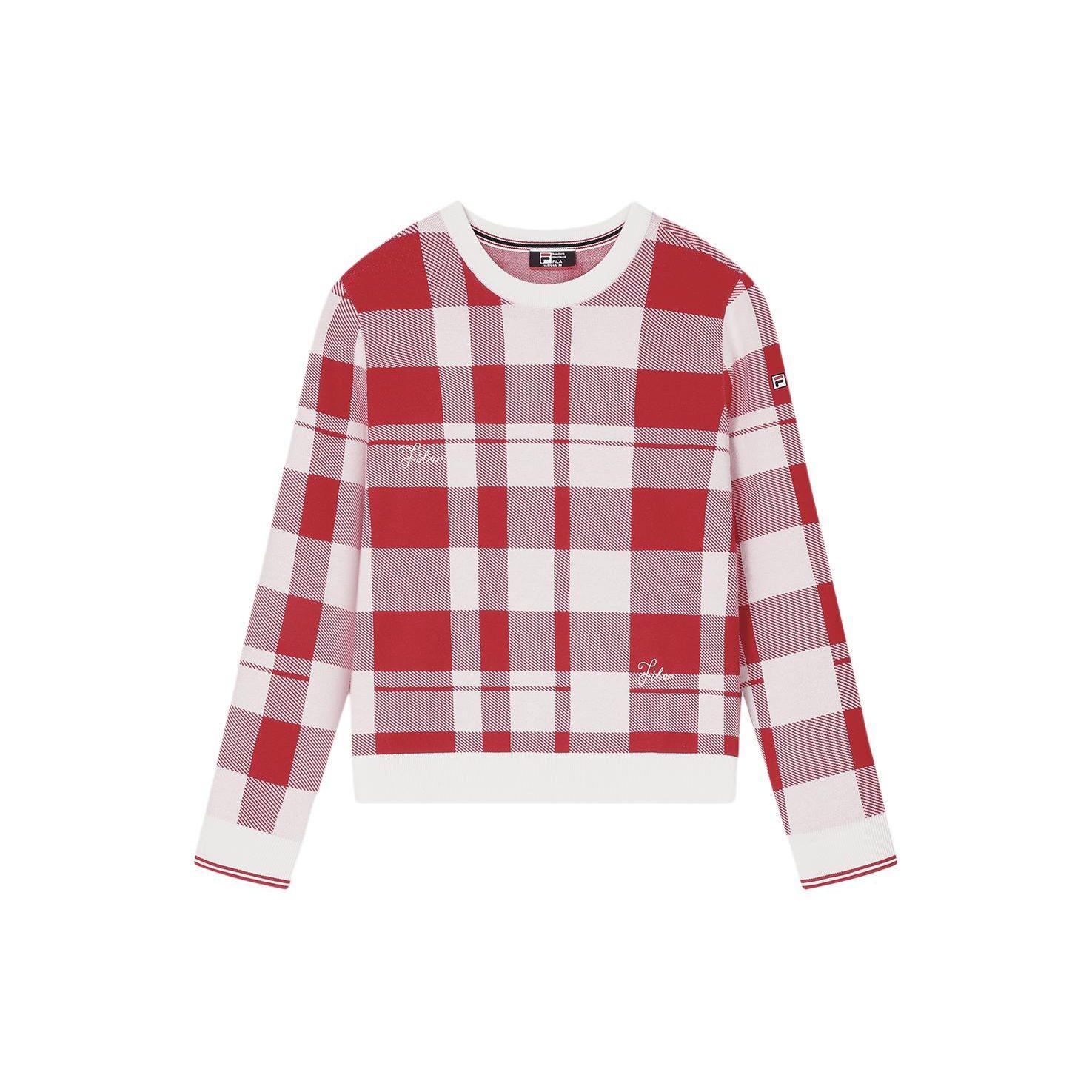 

FILA Fleece Plaid Round Neck Casual Pullover Long Sleeve Knit Sweater Women sweater Light-Raspberry F11W411412F-RD S