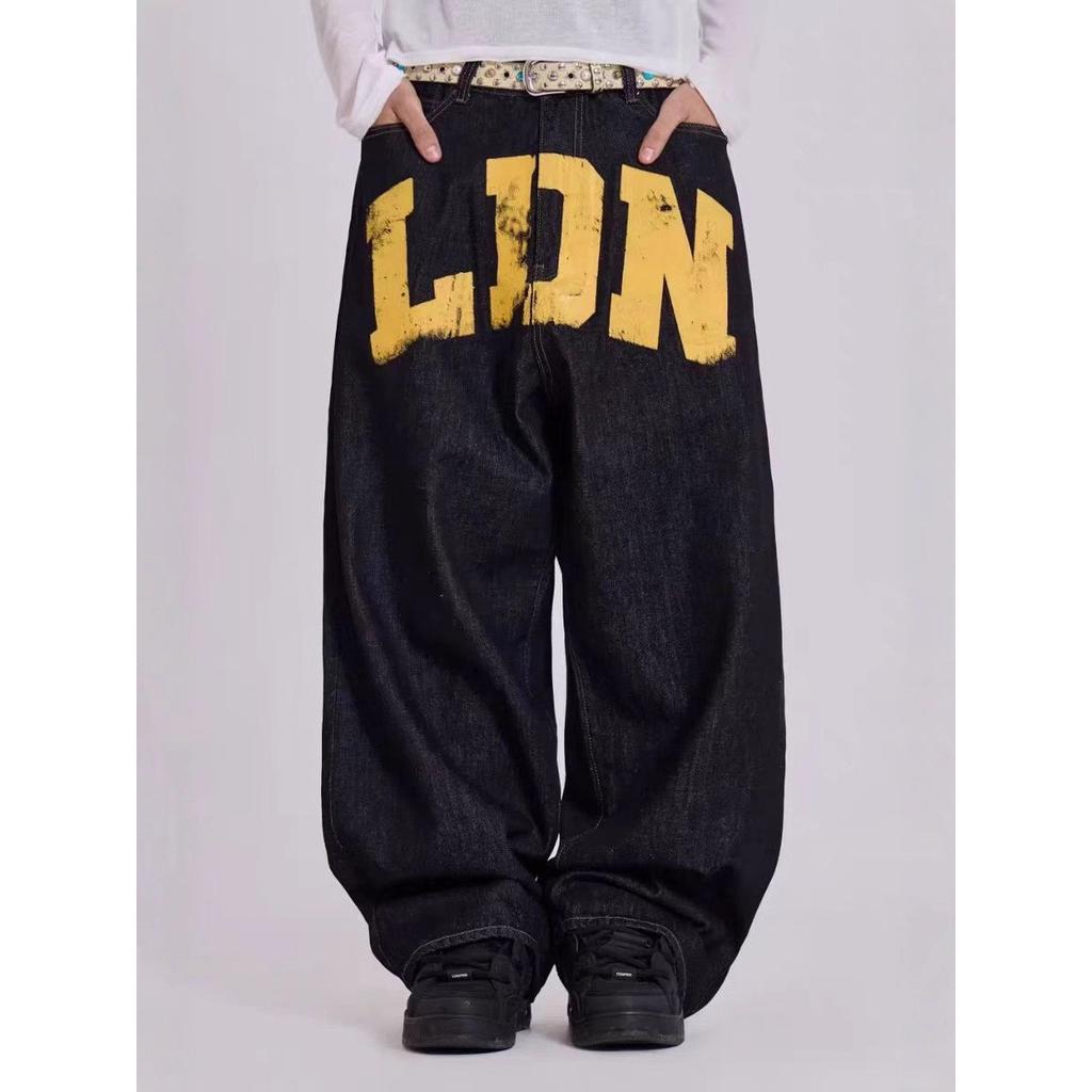 LUXEON American-style Street Letter Printed Jeans, Straight-leg Trendy Brand Loose Denim Pants