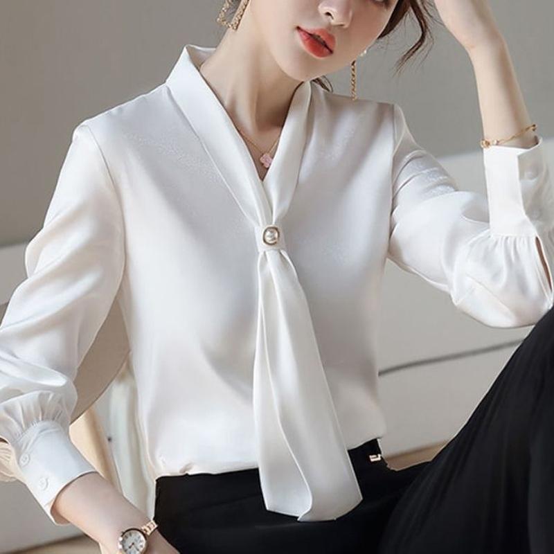 

Корейская элегантная офисная женская рубашка весна-осень женская с бантом шикарный темперамент длинный рукав свободная блузка топы Blusas Mujer XXL белый