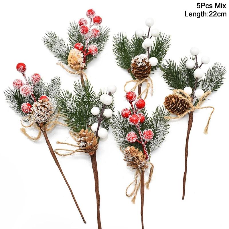 5 Pezzi Natale Bacca Rossa Fiore Artificiale Pigna Ramo Decorazioni Albero di Natale Ornamento Confezione Regalo Casa Ghirlanda Fai da Te