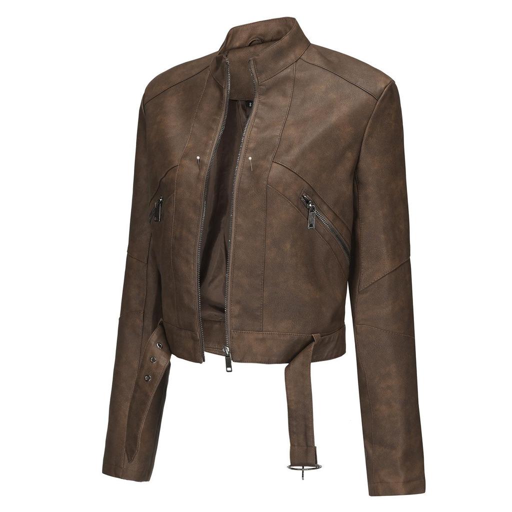 Giacca in pelle PU con cerniera aderente a maniche lunghe con colletto a revers da donna autunno inverno