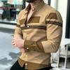 Men's Shirt Trendy Men's Color Block Splicing Long Sleeve Shirt Horizontal Stripe Decorative Collar Shirt European and American