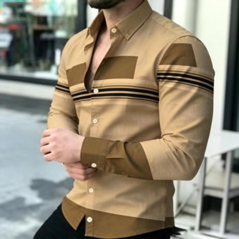 Men's Shirt Trendy Men's Color Block Splicing Long Sleeve Shirt Horizontal Stripe Decorative Collar Shirt European and American
