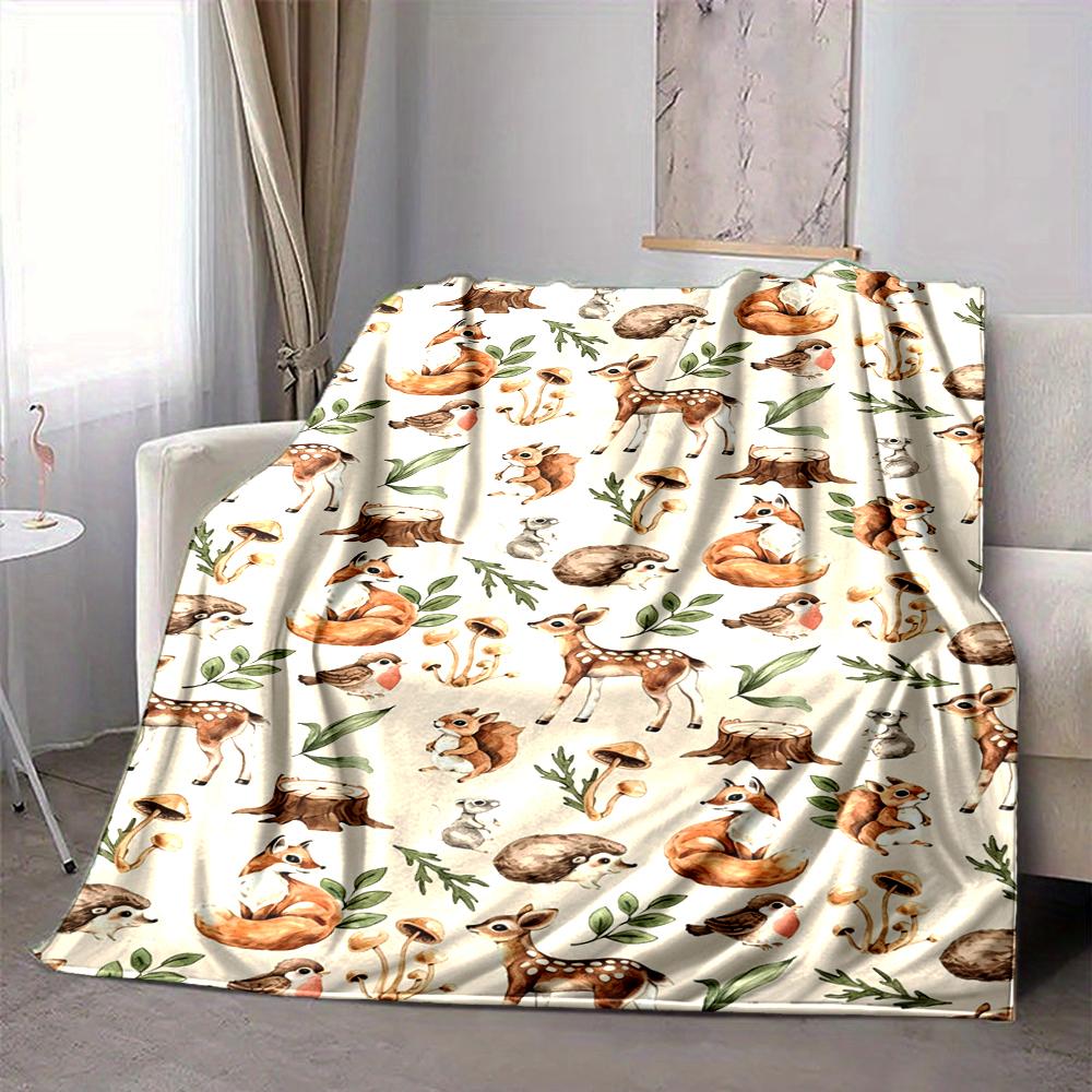 1Pc Forest Animal Watercolor Blanket Soft And Comfortable Casual Warm Camping Travel Christmas Halloween Xmas Gift M924636