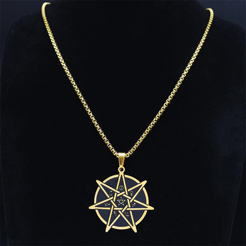 Witchcraft Astrology Stainless Steel Chain Necklaces 7 Point Star Gold Color Pendant Necklace Women/Men jewlery acier N531S02