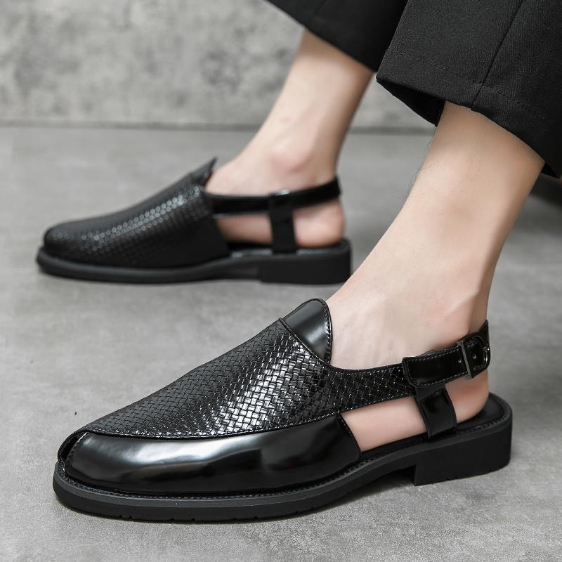 Fashion Men Classic Woven Leather Sandals PU Black Brown British Summer Breathable European and American Buckle Sandals 38-47 Men Sandal