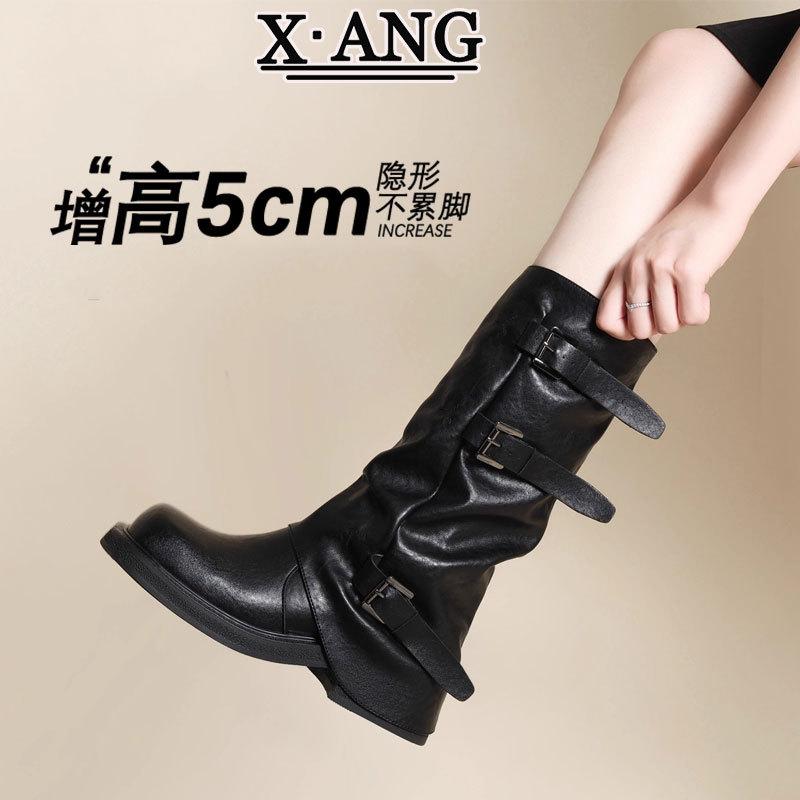 Leather Tall Boots Women's Boots But Knee Boots Thick Heel Thick Sole Height Increasing Knight Boots Western Cowboy Boots Pile Boots