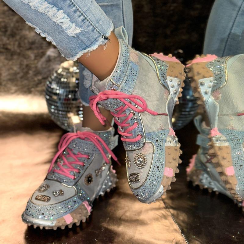 Women Casual Sneakers Luxury Designer Boots Rhinestone Diamond High-Top Thick Bottom Shoes Female Tennis Outdoors Walking Shoes