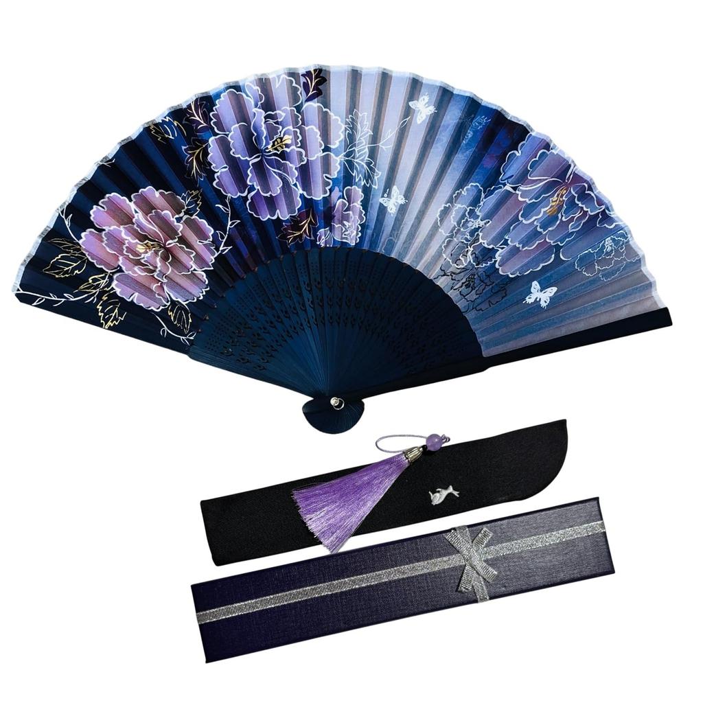 Fan Cherry in a Boxed Fan Case &JuJu Women's [Seasonal Flowers Blossom, Bellflower, Peony, Lotus] (Indigo Peony)