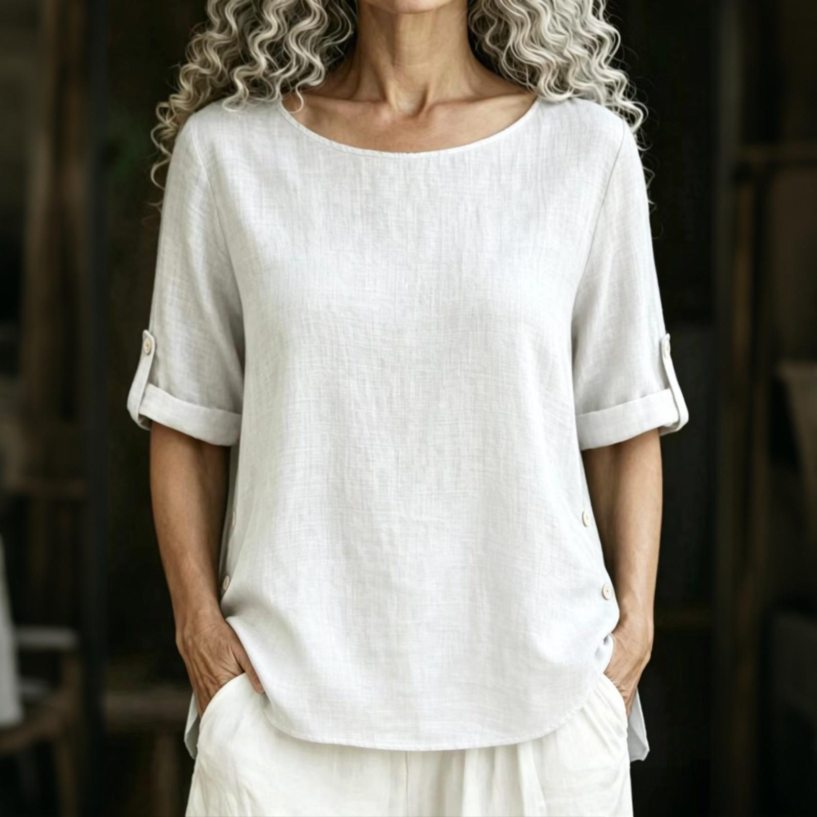 

Women Cotton Linen Round Neck Half Sleeve Loose Fit Button Detail Casual T Shirt Blouse Top for Daily Wear M