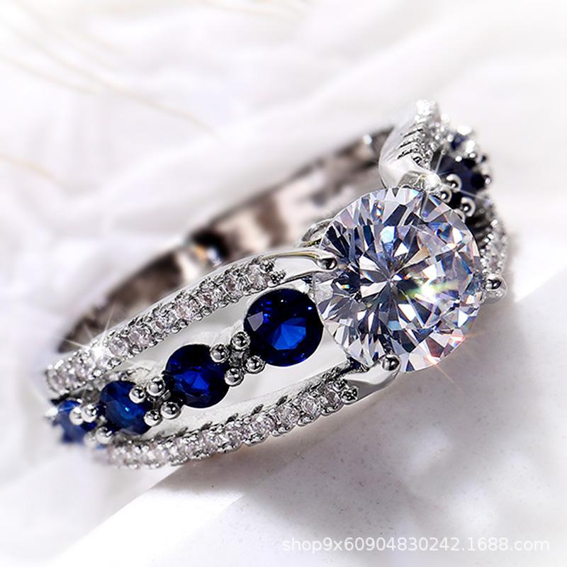 New Jewelry, Creative Hollowed-out Royal Blue Zircon Ring Women's Luxury Engagement Jewelry Straight