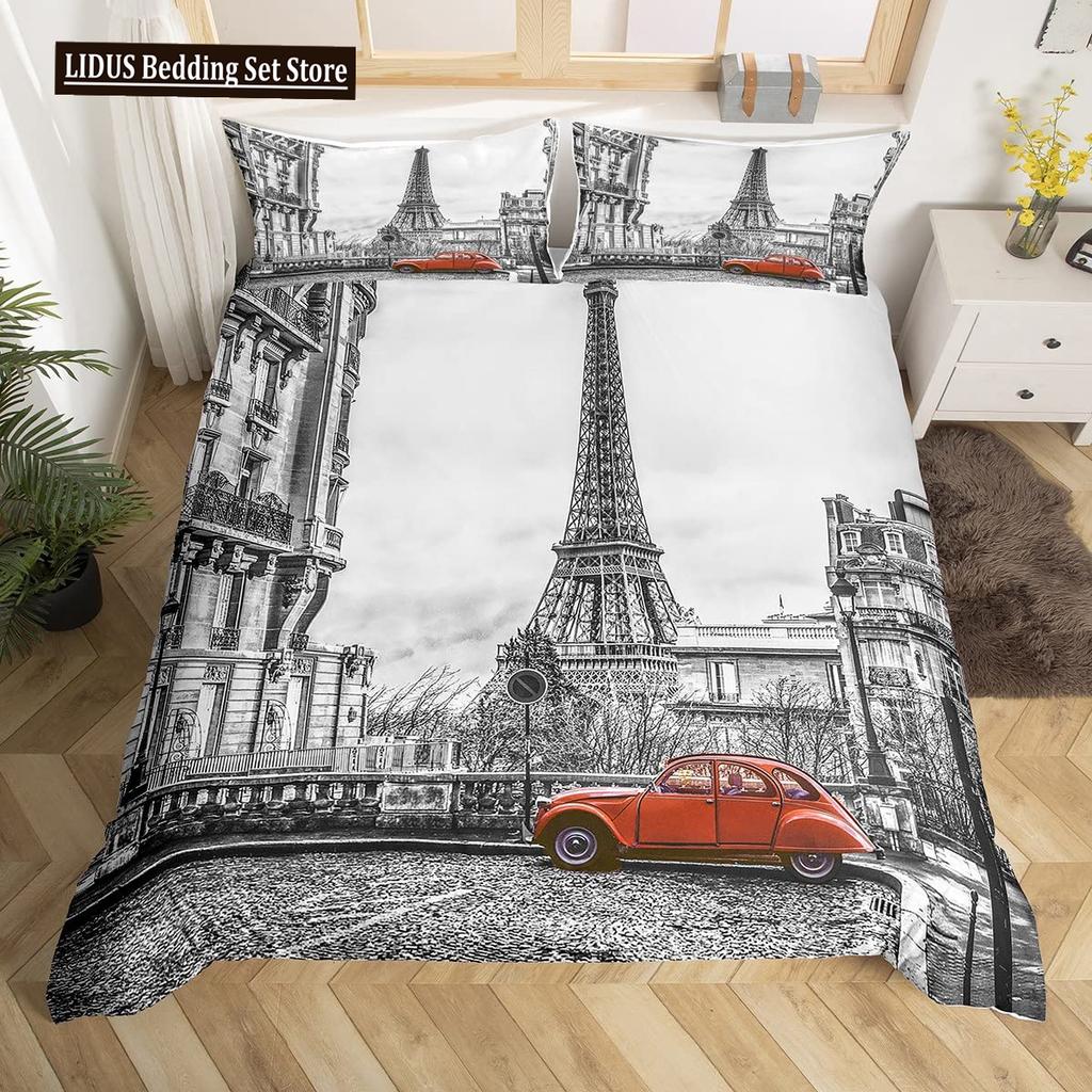 Eiffel Tower Duvet Cover Paris Tower Red Car Bedding French Style Home Decoration Grey Cityscape French Romantic Gift For Women
