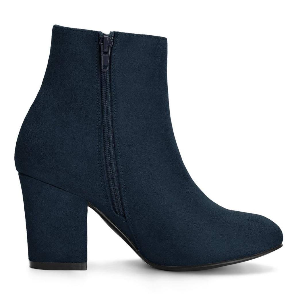 Allegra K Women's Navy Blue Round Toe Ankle Boots with Side Zipper and Chunky Heel, Size 24.5cm