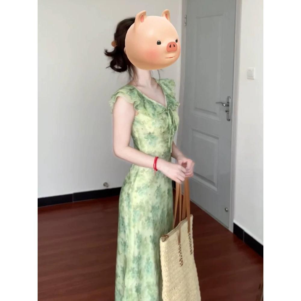 Xiaofei Sleeves Gently Close the Waist and Show Thinness, Long Dress, Girlish Feeling, Seaside Vacation Temperament, Floral Dress, Women's New Summer