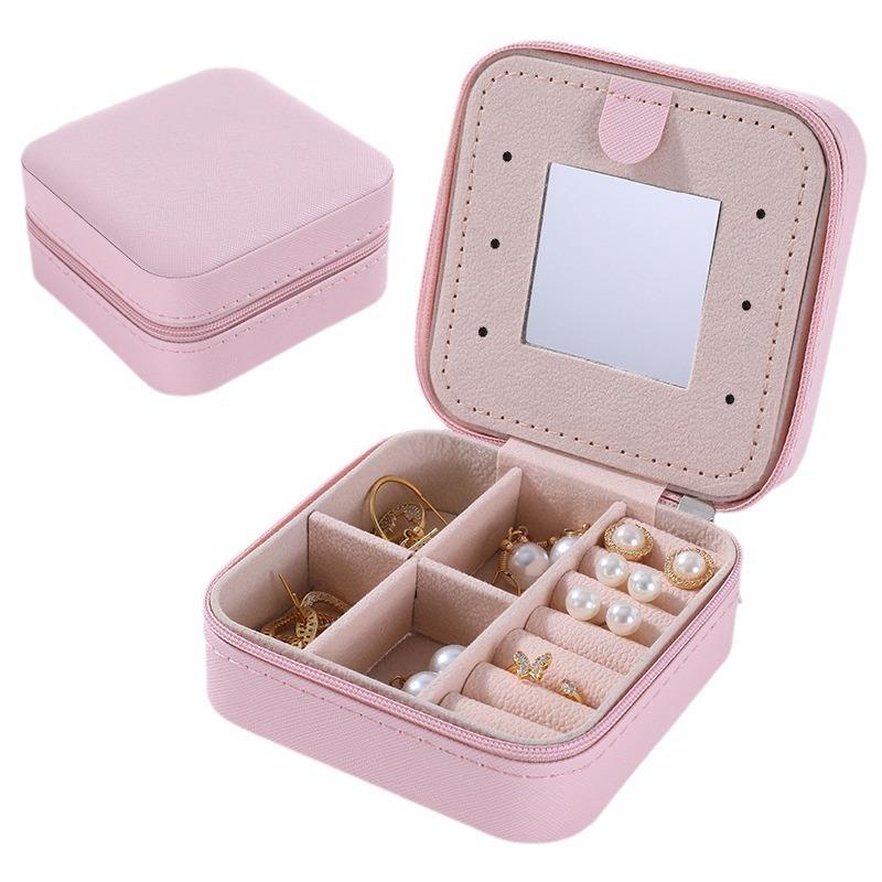 1pcs Portable Mirror Split Zipper Earring Earrings Necklace Jewelry Box Storage Jewelry Box Leather bag